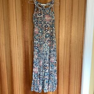 Cutout neck Southwestern print maxi dress with lace-up back